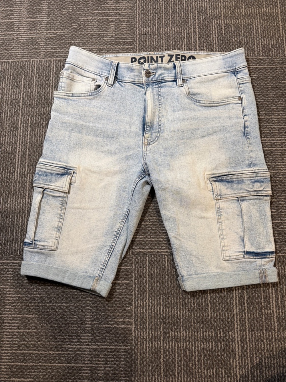 Point Zero Light Blue Denim Cargo Shorts with Rolled Hem